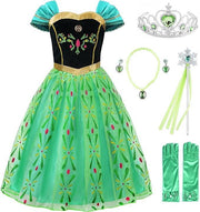 Rochie Anna pentru Copii, Set cu coronita si accesorii, Frozen, Tesatura fina, 6 - 7 ani, 140, Verde - costumecarnaval - serbare.ro