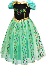Rochie Anna pentru Copii, Set cu coronita si accesorii, Frozen, Tesatura fina, 6 - 7 ani, 140, Verde - costumecarnaval - serbare.ro