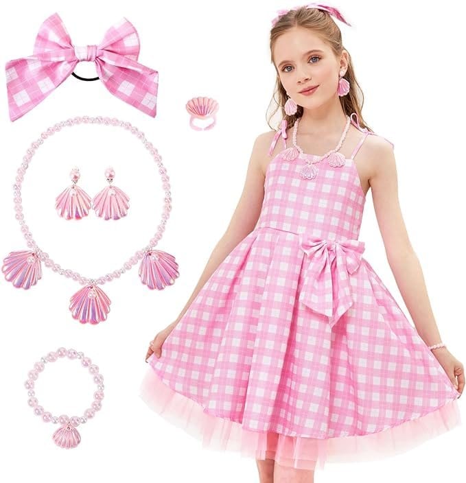 Rochie Barbie pentru Copii, Set cu Accesorii, EvrikaUnity®, Tesatura Premium, 4 - 5 ani, 120cm, Roz - costumecarnaval - serbare.ro