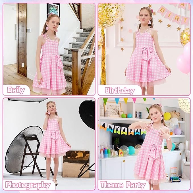 Rochie Barbie pentru Copii, Set cu Accesorii, EvrikaUnity®, Tesatura Premium, 5 - 6 ani, 130cm, Roz - costumecarnaval - serbare.ro