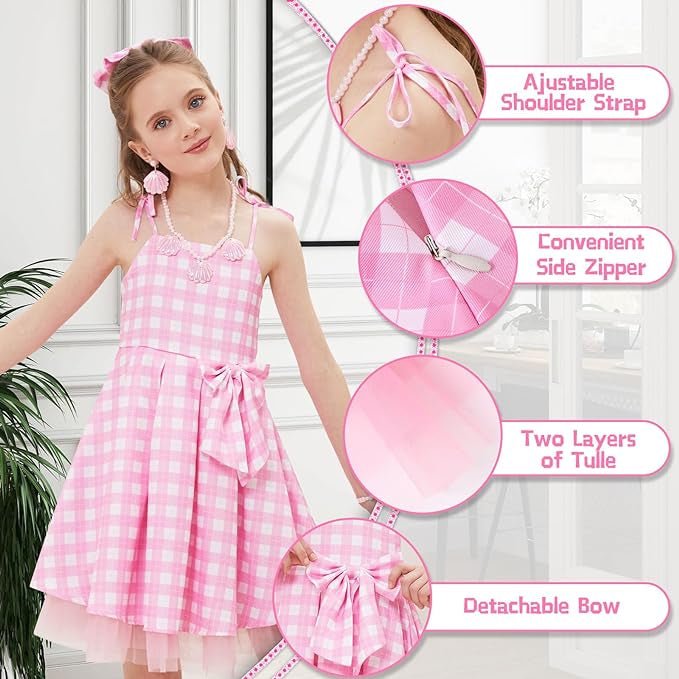 Rochie Barbie pentru Copii, Set cu Accesorii, EvrikaUnity®, Tesatura Premium, 5 - 6 ani, 130cm, Roz - costumecarnaval - serbare.ro