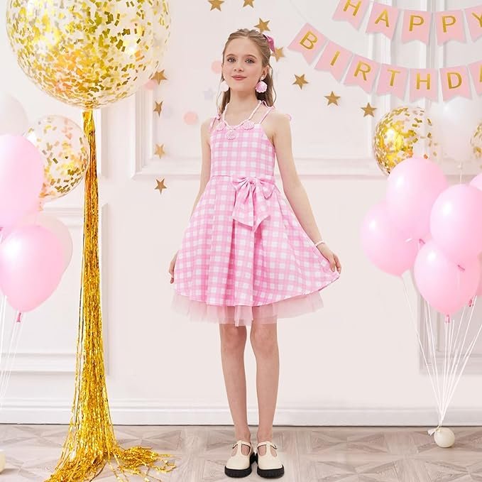 Rochie Barbie pentru Copii, Set cu Accesorii, EvrikaUnity®, Tesatura Premium, 6 - 7 ani, 140cm, Roz - costumecarnaval - serbare.ro