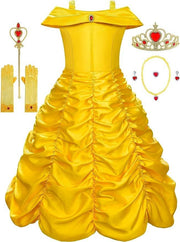 Rochie Belle pentru Copii, Set cu coronita si accesorii, Frumoasa si Bestia, Tesatura fina, 4 - 5 ani, 120, Galben - costumecarnaval - serbare.ro