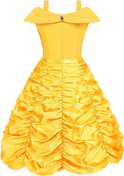 Rochie Belle pentru Copii, Set cu coronita si accesorii, Frumoasa si Bestia, Tesatura fina, 4 - 5 ani, 120, Galben - costumecarnaval - serbare.ro