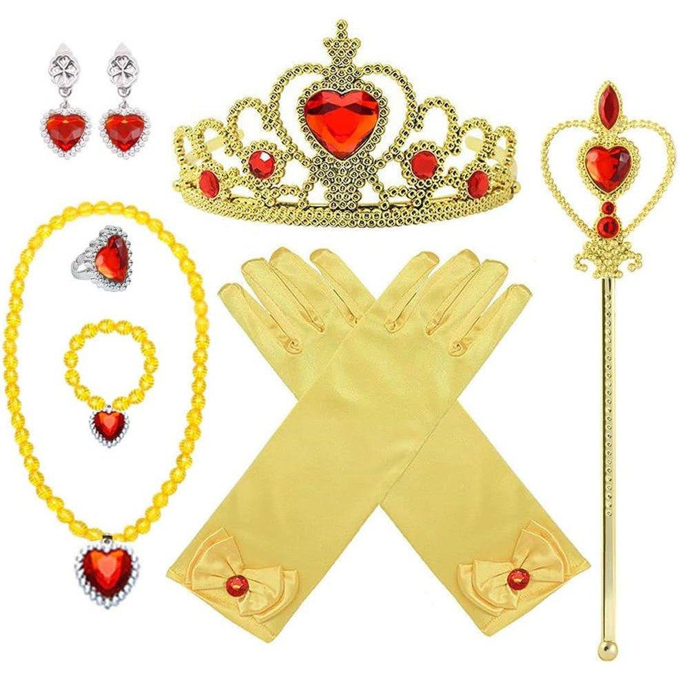 Rochie Belle pentru Copii, Set cu coronita si accesorii, Frumoasa si Bestia, Tesatura fina, 4 - 5 ani, 120, Galben - costumecarnaval - serbare.ro
