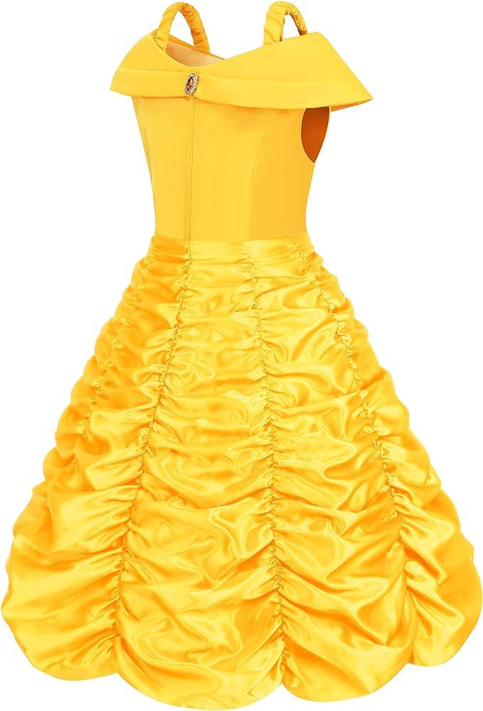 Rochie Belle pentru Copii, Set cu coronita si accesorii, Frumoasa si Bestia, Tesatura fina, 4 - 5 ani, 120, Galben - costumecarnaval - serbare.ro