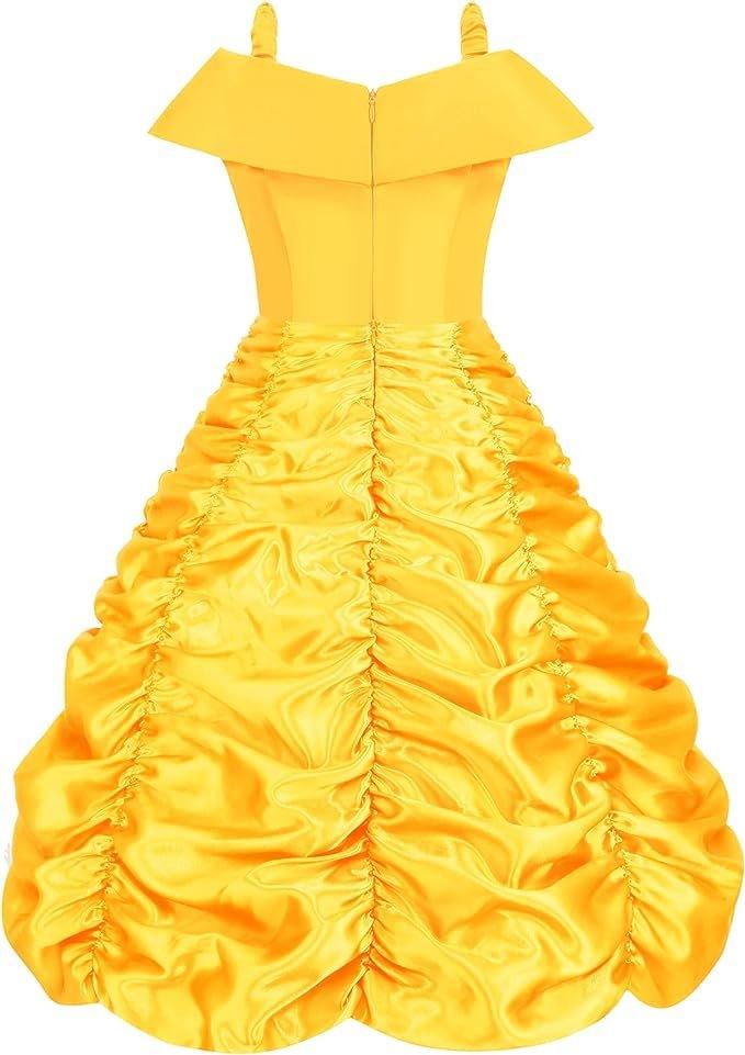Rochie Belle pentru Copii, Set cu coronita si accesorii, Frumoasa si Bestia, Tesatura fina, 4 - 5 ani, 120, Galben - costumecarnaval - serbare.ro