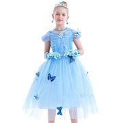 Rochie Cenusareasa cu Fluturasi pentru Copii, Set cu coronita si accesorii, Tesatura fina, 3 - 4 ani, 110, Albastru - costumecarnaval - serbare.ro