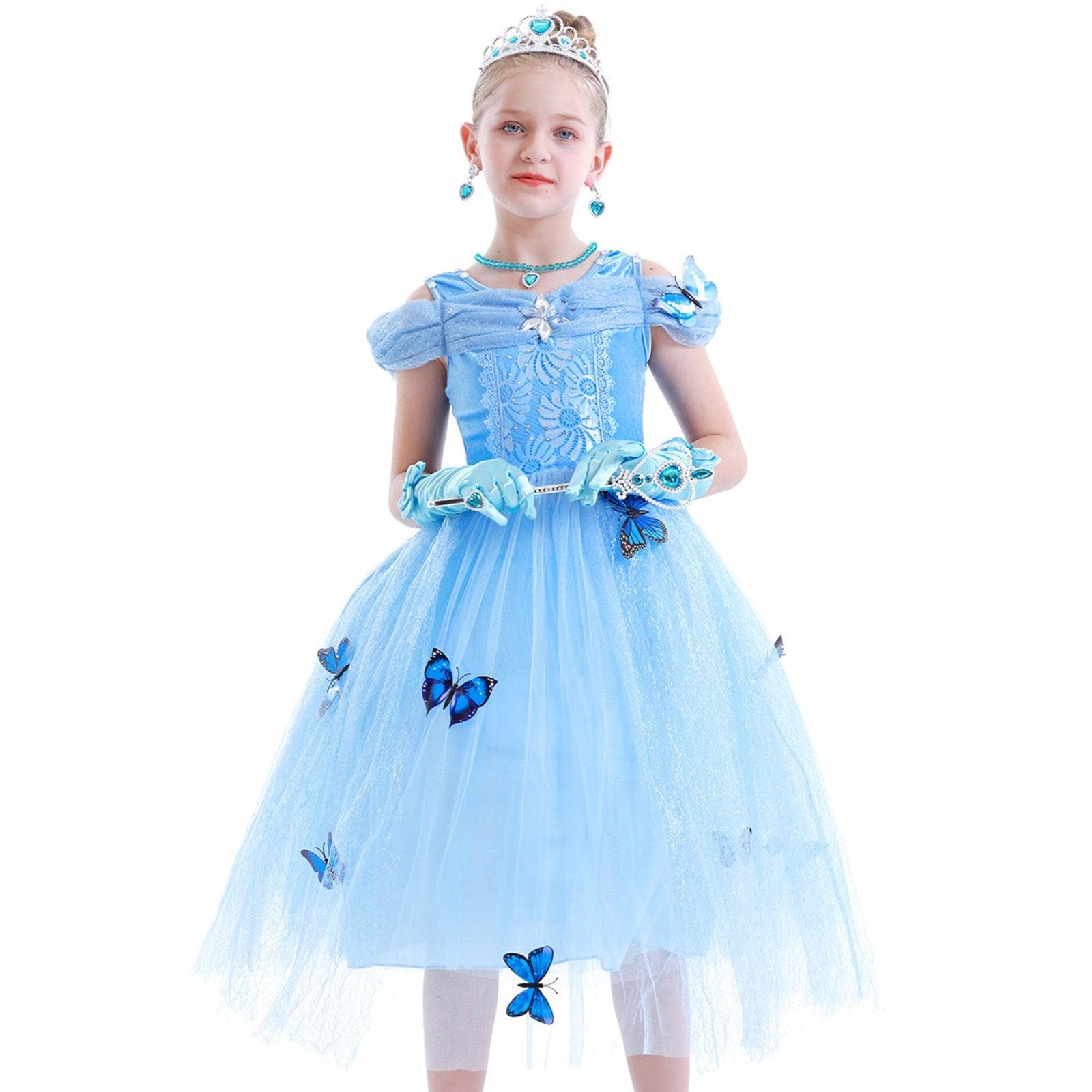 Rochie Cenusareasa cu Fluturasi pentru Copii, Set cu coronita si accesorii, Tesatura fina, 3 - 4 ani, 110, Albastru - costumecarnaval - serbare.ro