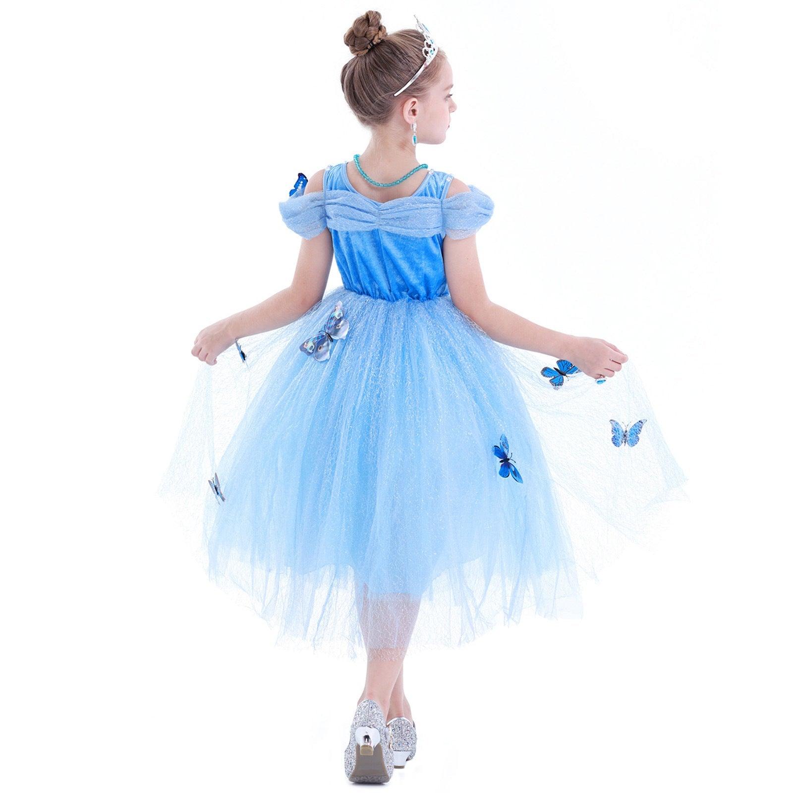 Rochie Cenusareasa cu Fluturasi pentru Copii, Set cu coronita si accesorii, Tesatura fina, 3 - 4 ani, 110, Albastru - costumecarnaval - serbare.ro