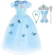 Rochie Cenusareasa cu Fluturasi pentru Copii, Set cu coronita si accesorii, Tesatura fina, 3 - 4 ani, 110, Albastru - costumecarnaval - serbare.ro