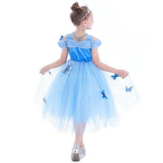 Rochie Cenusareasa cu Fluturasi pentru Copii, Set cu coronita si accesorii, Tesatura fina, 4 - 5 ani, 120, Albastru - costumecarnaval - serbare.ro