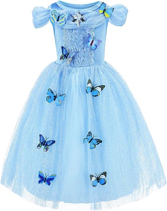 Rochie Cenusareasa cu Fluturasi pentru Copii, Set cu coronita si accesorii, Tesatura fina, 4 - 5 ani, 120, Albastru - costumecarnaval - serbare.ro