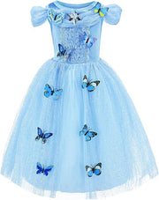 Rochie Cenusareasa cu Fluturasi pentru Copii, Set cu coronita si accesorii, Tesatura fina, 5 - 6 ani, 130, Albastru - costumecarnaval - serbare.ro