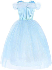 Rochie Cenusareasa cu Fluturasi pentru Copii, Set cu coronita si accesorii, Tesatura fina, 5 - 6 ani, 130, Albastru - costumecarnaval - serbare.ro