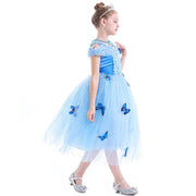 Rochie Cenusareasa cu Fluturasi pentru Copii, Set cu coronita si accesorii, Tesatura fina, 6 - 7 ani, 140, Albastru - costumecarnaval - serbare.ro