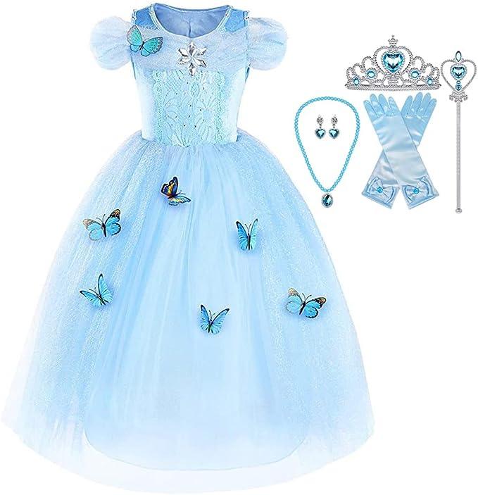 Rochie Cenusareasa cu Fluturasi pentru Copii, Set cu coronita si accesorii, Tesatura fina, 6 - 7 ani, 140, Albastru - costumecarnaval - serbare.ro
