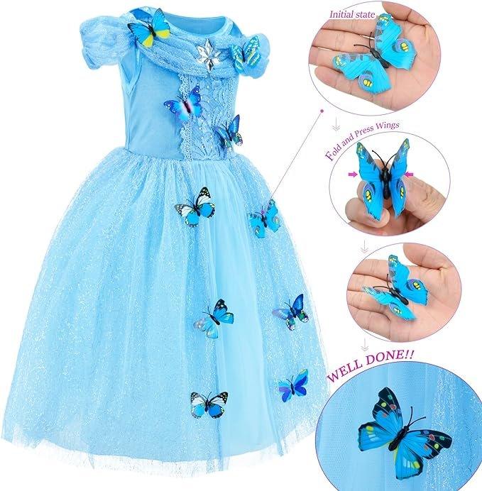 Rochie Cenusareasa cu Fluturasi pentru Copii, Set cu coronita si accesorii, Tesatura fina, 6 - 7 ani, 140, Albastru - costumecarnaval - serbare.ro