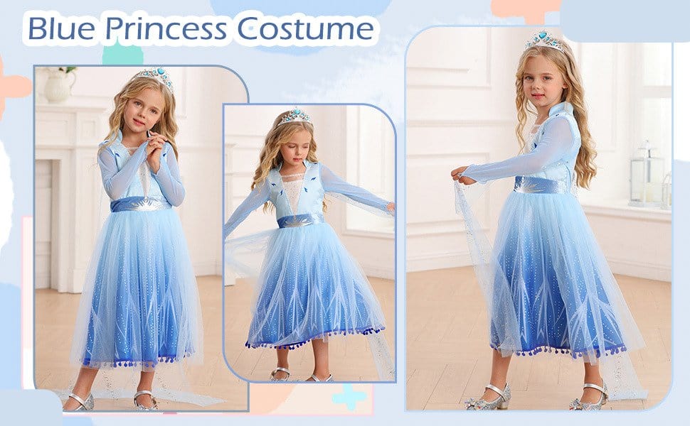 Rochie Elsa Frozen 2 pentru copii, EvrikaUnity®, Regina Ghetii, Tesatura Premium, 3 - 4 ani, 110 cm, Albastru Imperial - costumecarnaval - serbare.ro