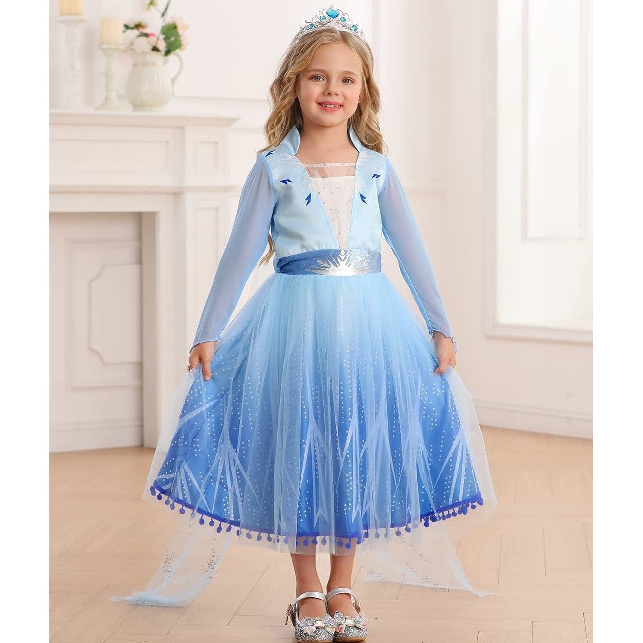 Rochie Elsa Frozen 2 pentru copii, EvrikaUnity®, Regina Ghetii, Tesatura Premium, 5 - 6 ani, 130 cm, Albastru Imperial - costumecarnaval - serbare.ro