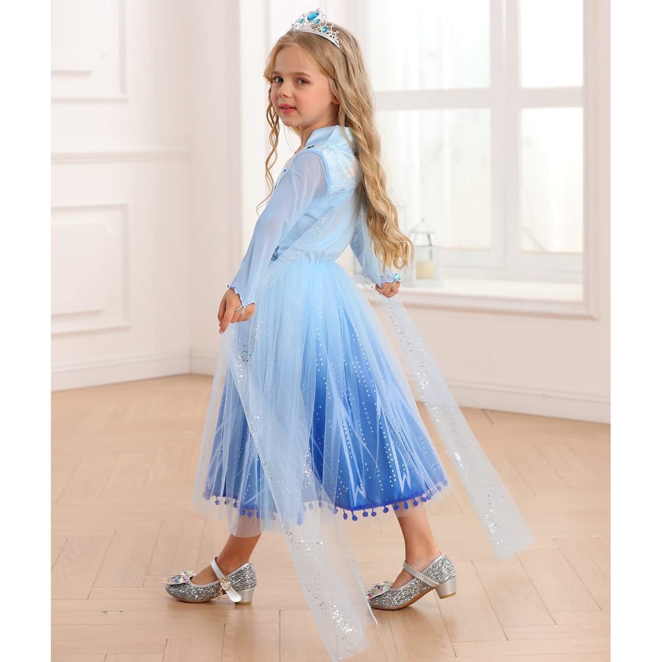 Rochie Elsa Frozen 2 pentru copii, EvrikaUnity®, Regina Ghetii, Tesatura Premium, 5 - 6 ani, 130 cm, Albastru Imperial - costumecarnaval - serbare.ro