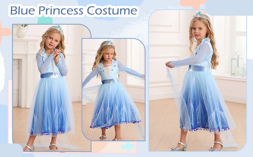 Rochie Elsa Frozen 2 pentru copii, EvrikaUnity®, Regina Ghetii, Tesatura Premium, 5 - 6 ani, 130 cm, Albastru Imperial - costumecarnaval - serbare.ro