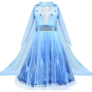 Rochie Elsa Frozen 2 pentru copii, EvrikaUnity®, Regina Ghetii, Tesatura Premium, 5 - 6 ani, 130 cm, Albastru Imperial - costumecarnaval - serbare.ro