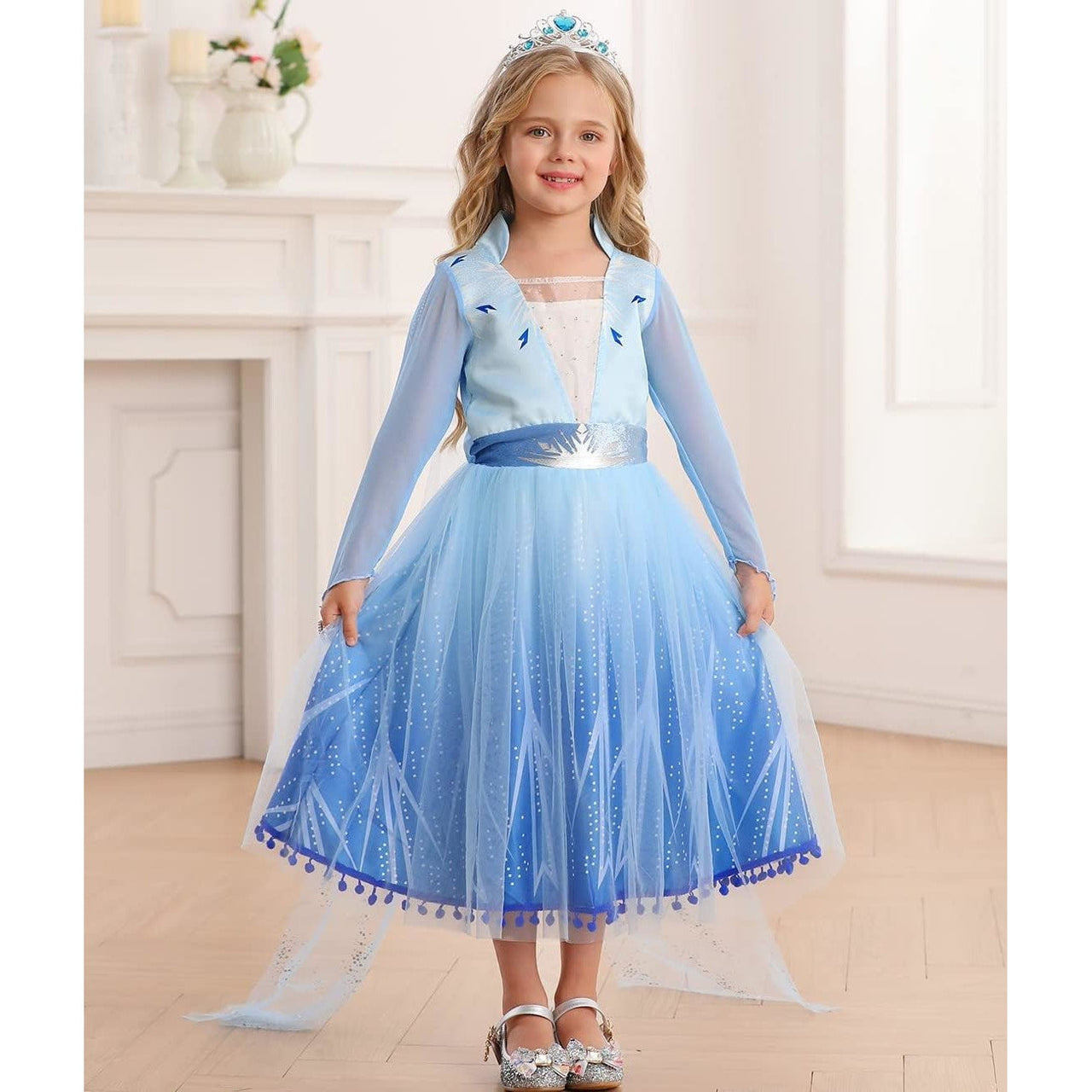 Rochie Elsa Frozen 2 pentru copii, EvrikaUnity®, Regina Ghetii, Tesatura Premium, 6 - 7 ani, 140 cm, Albastru Imperial - costumecarnaval - serbare.ro