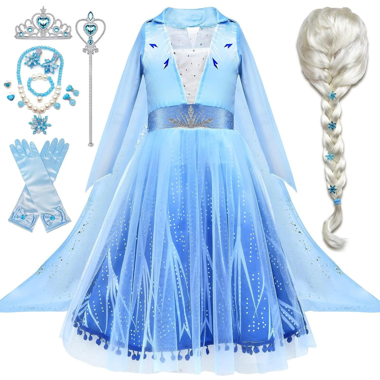 Rochie Elsa Frozen 2 pentru copii, Set cu Coronita, Peruca, Bijuterii si accesorii, EvrikaUnity®, Regina Ghetii, Tesatura Premium, 5 - 6 ani, 130 cm, Albastru Imperial - costumecarnaval - serbare.ro