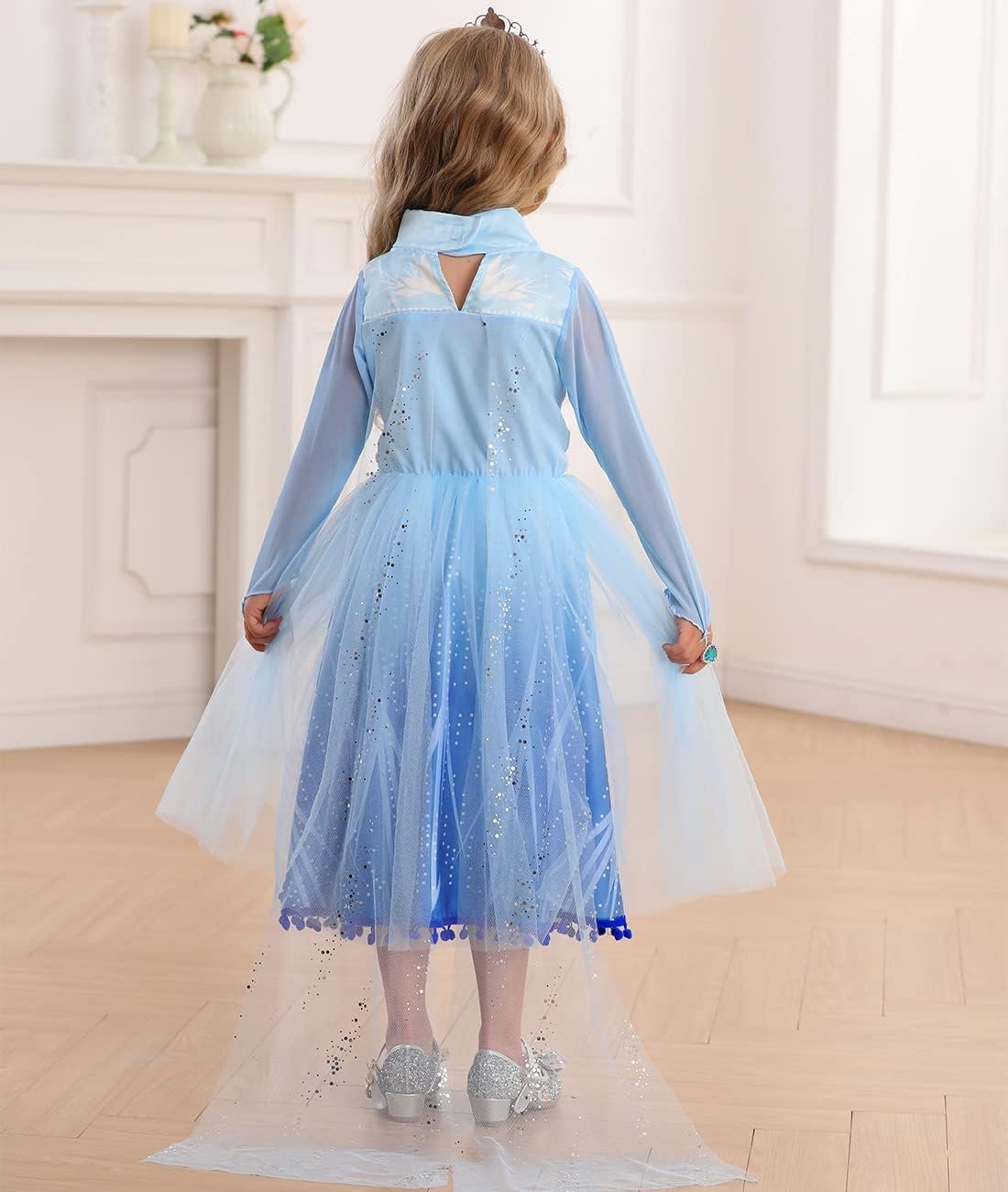 Rochie Elsa Frozen 2 pentru copii, Set cu coronita, peruca si accesorii, EvrikaUnity®, Regina Ghetii, Tesatura Premium, 6 - 7 ani, 140 cm, Albastru imperial - costumecarnaval - serbare.ro