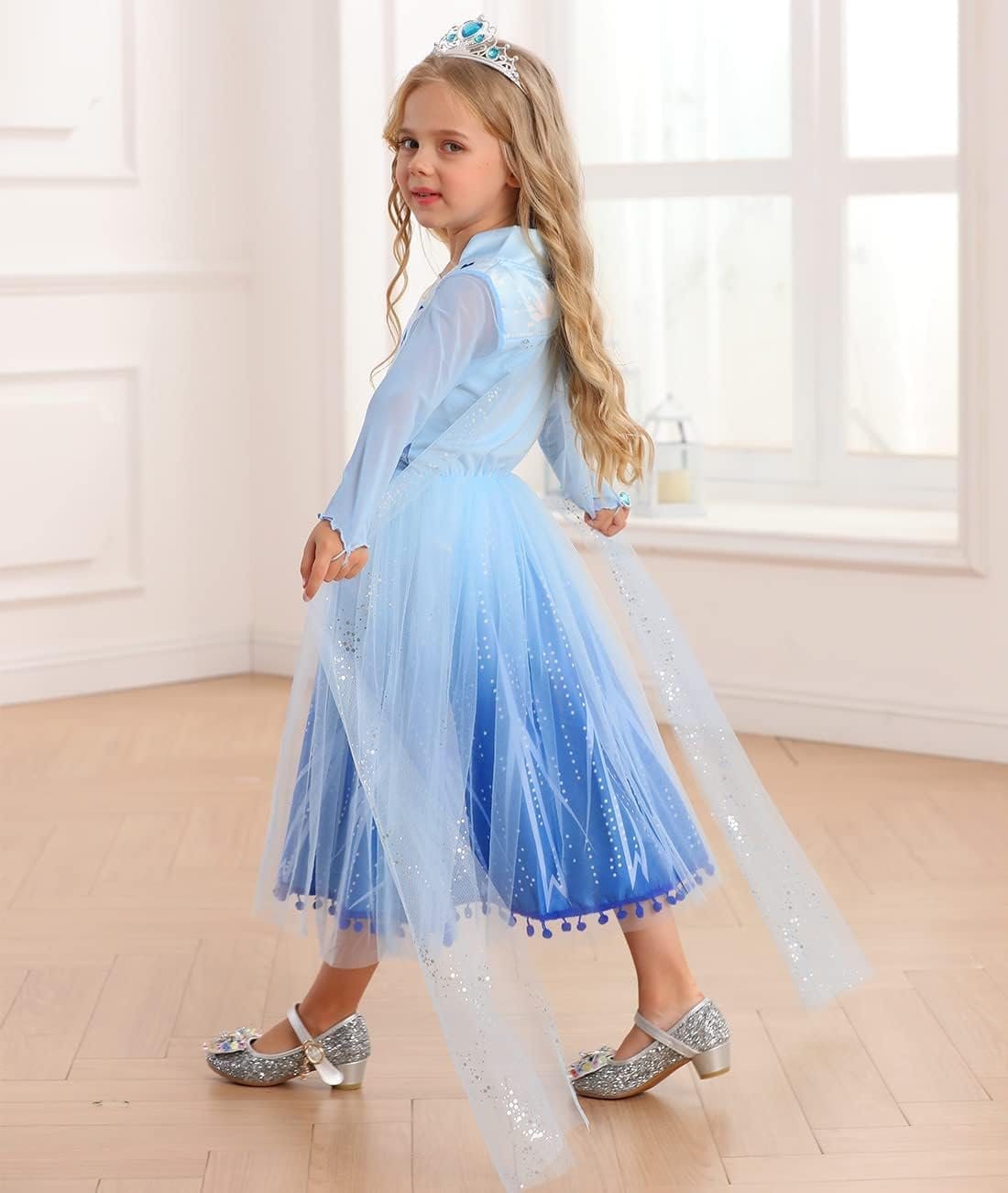 Rochie Elsa Frozen 2 pentru copii, Set cu coronita, peruca si accesorii, EvrikaUnity®, Regina Ghetii, Tesatura Premium, 7 - 8 ani, 150 cm, Albastru imperial - costumecarnaval - serbare.ro