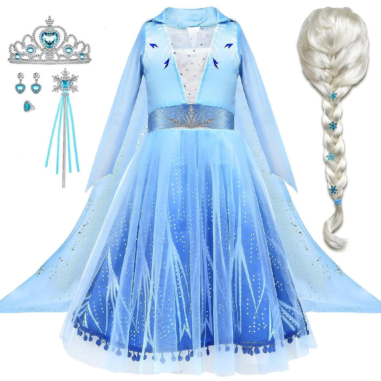 Rochie Elsa Frozen 2 pentru copii, Set cu coronita, peruca si accesorii, EvrikaUnity®, Regina Ghetii, Tesatura Premium, 7 - 8 ani, 150 cm, Albastru imperial - costumecarnaval - serbare.ro