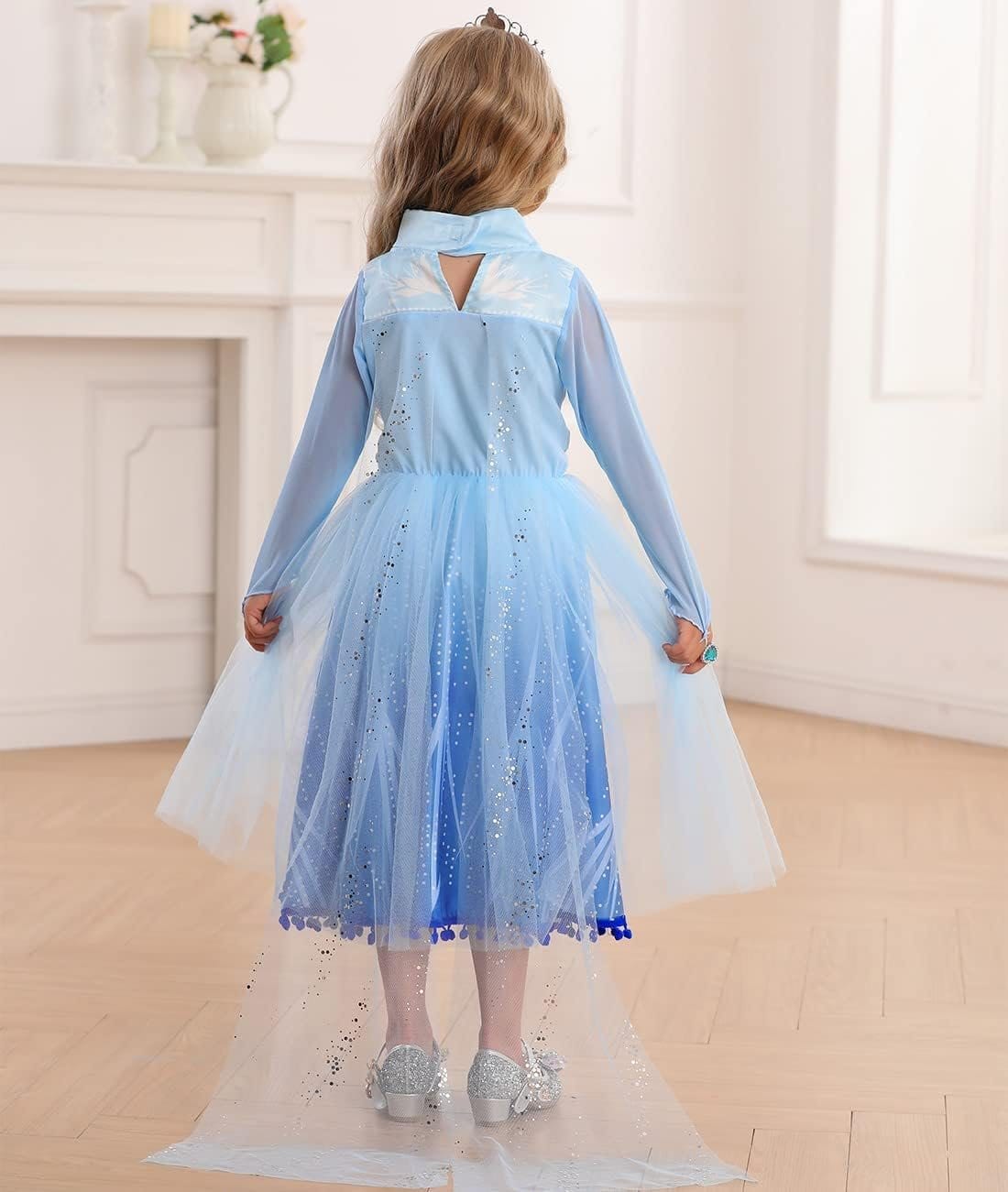 Rochie Elsa Frozen 2 pentru copii, Set cu coronita, peruca si accesorii, EvrikaUnity®, Regina Ghetii, Tesatura Premium, 7 - 8 ani, 150 cm, Albastru imperial - costumecarnaval - serbare.ro