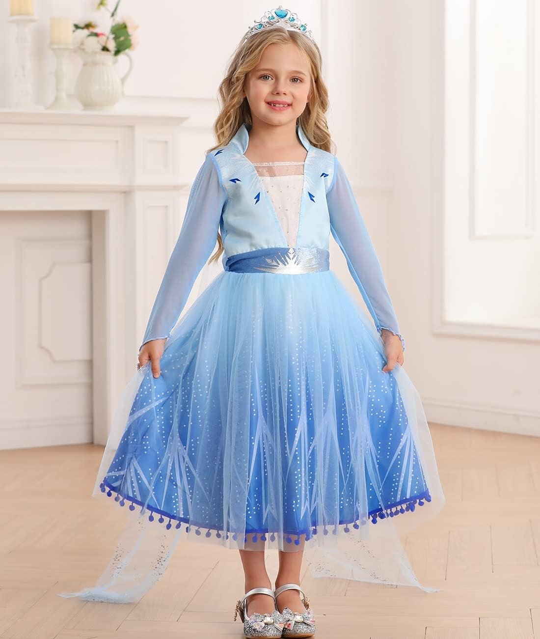Rochie Elsa Frozen 2 pentru copii, Set cu coronita, peruca si accesorii, EvrikaUnity®, Regina Ghetii, Tesatura Premium, 7 - 8 ani, 150 cm, Albastru imperial - costumecarnaval - serbare.ro