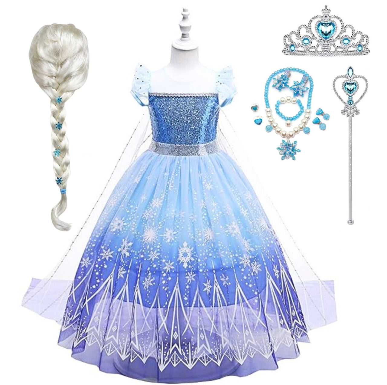 Rochie Elsa Frozen 2 pentru Fete, Set cu Peruca, Bijuterii si Accesorii, EvrikaUnity®, Regina Ghetii, Tesatura Premium, 6 - 7 ani, 140 cm, Mov - costumecarnaval - serbare.ro