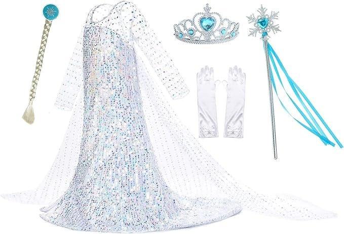 Rochie Elsa Frozen 2 Stralucitoare pentru Copii, Set cu accesorii, Regina Ghetii, Tesatura fina, 5 - 6 ani, 130, Alb/Albastru deschis - costumecarnaval - serbare.ro
