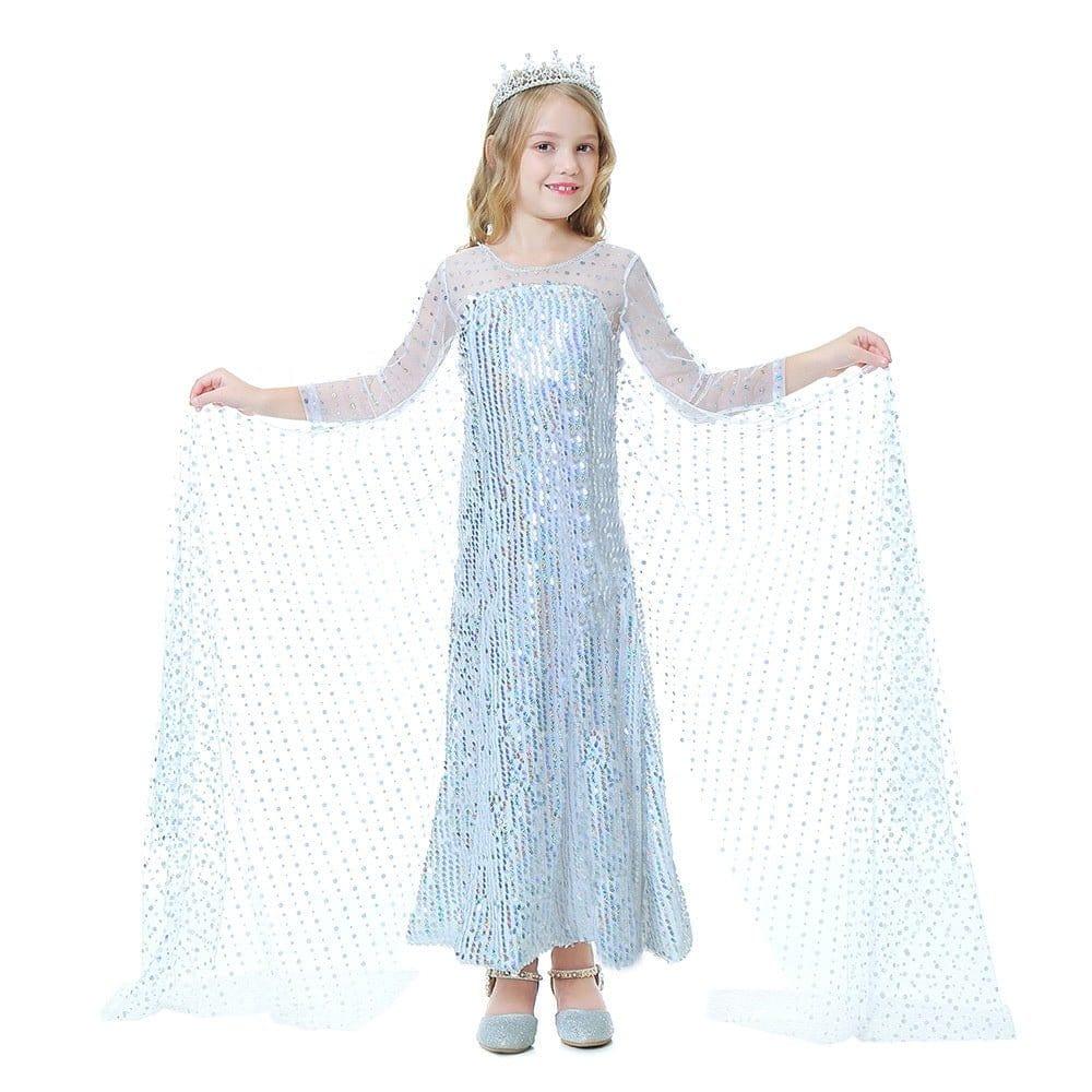 Rochie Elsa Frozen 2 Stralucitoare pentru Copii, Set cu accesorii, Regina Ghetii, Tesatura fina, 6 - 7 ani, 140, Alb/Albastru deschis - costumecarnaval - serbare.ro