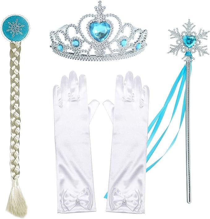 Rochie Elsa Frozen 2 Stralucitoare pentru Copii, Set cu accesorii, Regina Ghetii, Tesatura fina, 6 - 7 ani, 140, Alb/Albastru deschis - costumecarnaval - serbare.ro