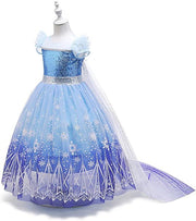 Rochie Elsa Frozen pentru Copii, Set cu Coronita si accesorii, Tesatura fina, 5 - 6 ani, 130, Albastru/ Mov - costumecarnaval - serbare.ro