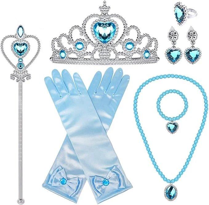 Rochie Elsa Frozen pentru Copii, Set cu Coronita si accesorii, Tesatura fina, 6 - 7 ani, 140, Albastru/ Mov - costumecarnaval - serbare.ro
