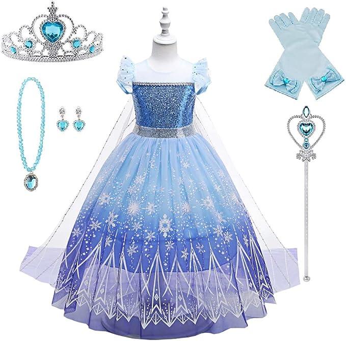 Rochie Elsa Frozen pentru Copii, Set cu Coronita si accesorii, Tesatura fina, 6 - 7 ani, 140, Albastru/ Mov - costumecarnaval - serbare.ro