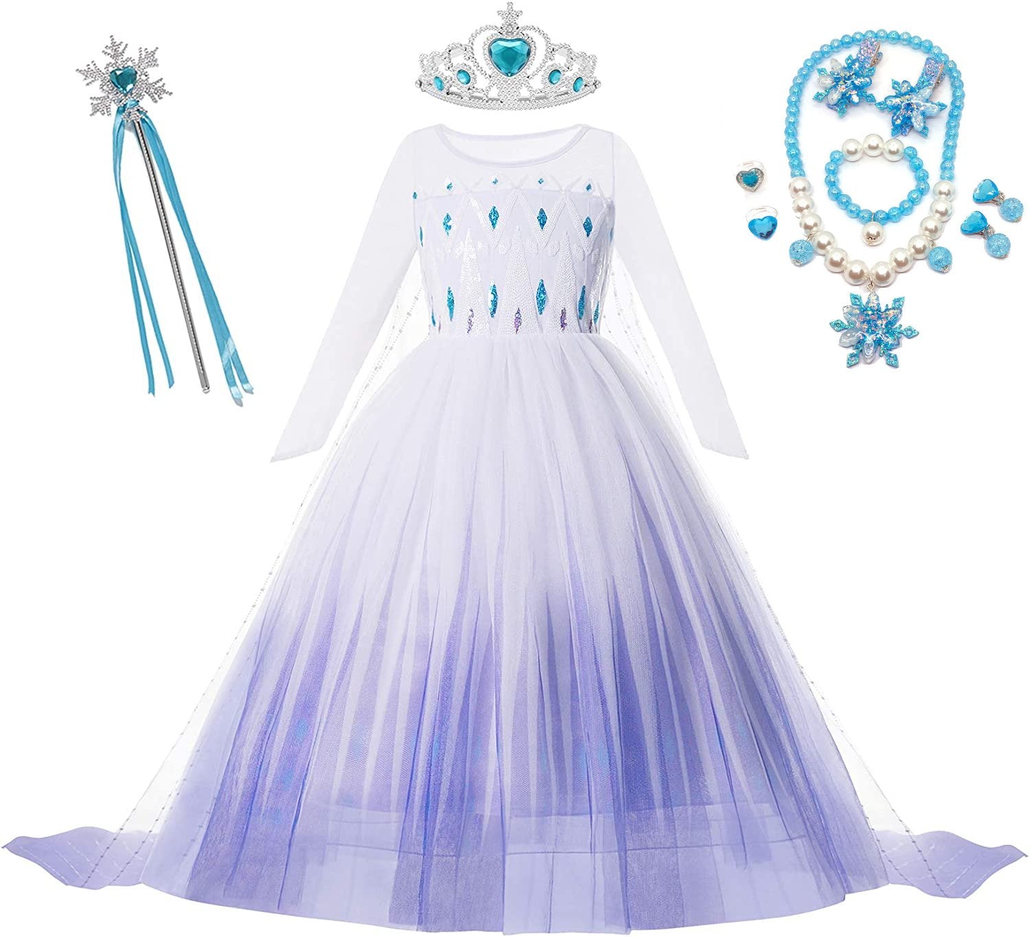 Rochie Elsa Frozen pentru fete, Set cu Coronita, Bagheta si Bijuterii, EvrikaUnity®, Regina Ghetii, 4 - 5 ani, 120 cm, Alb - costumecarnaval - serbare.ro