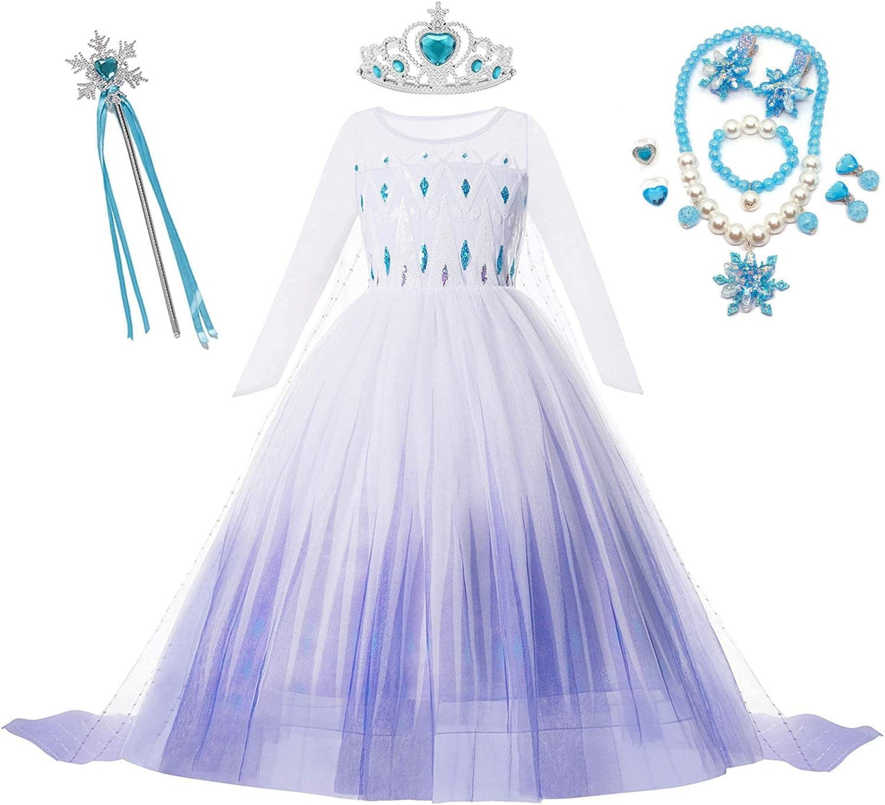 Rochie Elsa Frozen pentru fete, Set cu Coronita, Bagheta si Bijuterii, EvrikaUnity®, Regina Ghetii, 6 - 7 ani, 140 cm, Alb - costumecarnaval - serbare.ro