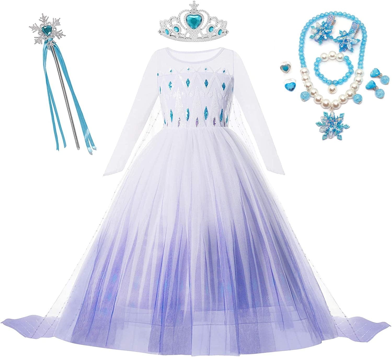 Rochie Elsa Frozen pentru fete, Set cu Coronita, Bagheta si Bijuterii, EvrikaUnity®, Regina Ghetii, 6 - 7 ani, 140 cm, Alb - costumecarnaval - serbare.ro