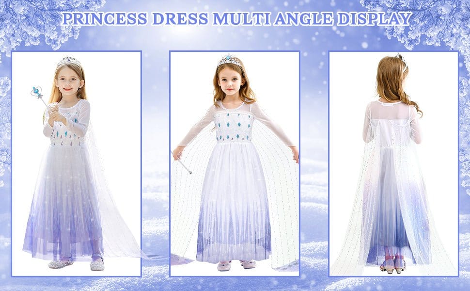 Rochie Elsa Frozen pentru fete, Set cu Coronita, Bagheta si Bijuterii, EvrikaUnity®, Regina Ghetii, 6 - 7 ani, 140 cm, Alb - costumecarnaval - serbare.ro