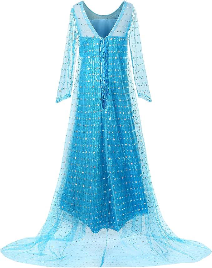 Rochie Elsa Frozen Stralucitoare pentru Copii, Set cu Coronita, coada impletita si accesorii, 4 - 5 ani, 120, Albastru - costumecarnaval - serbare.ro