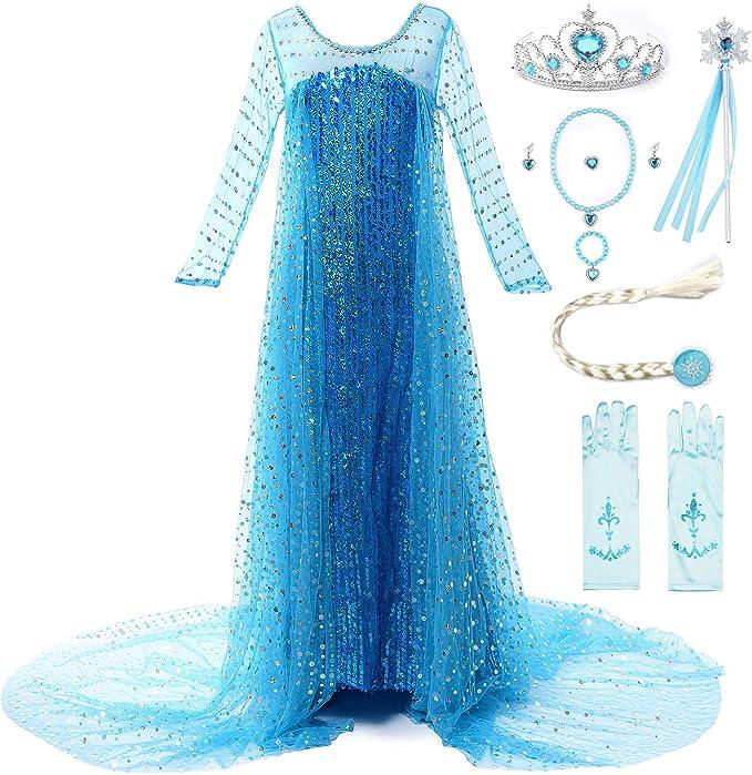 Rochie Elsa Frozen Stralucitoare pentru Copii, Set cu Coronita, coada impletita si accesorii, 5 - 6 ani, 130, Albastru - costumecarnaval - serbare.ro