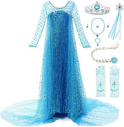 Rochie Elsa Frozen Stralucitoare pentru Copii, Set cu Coronita, coada impletita si accesorii, 6 - 7 ani, 140, Albastru - costumecarnaval - serbare.ro