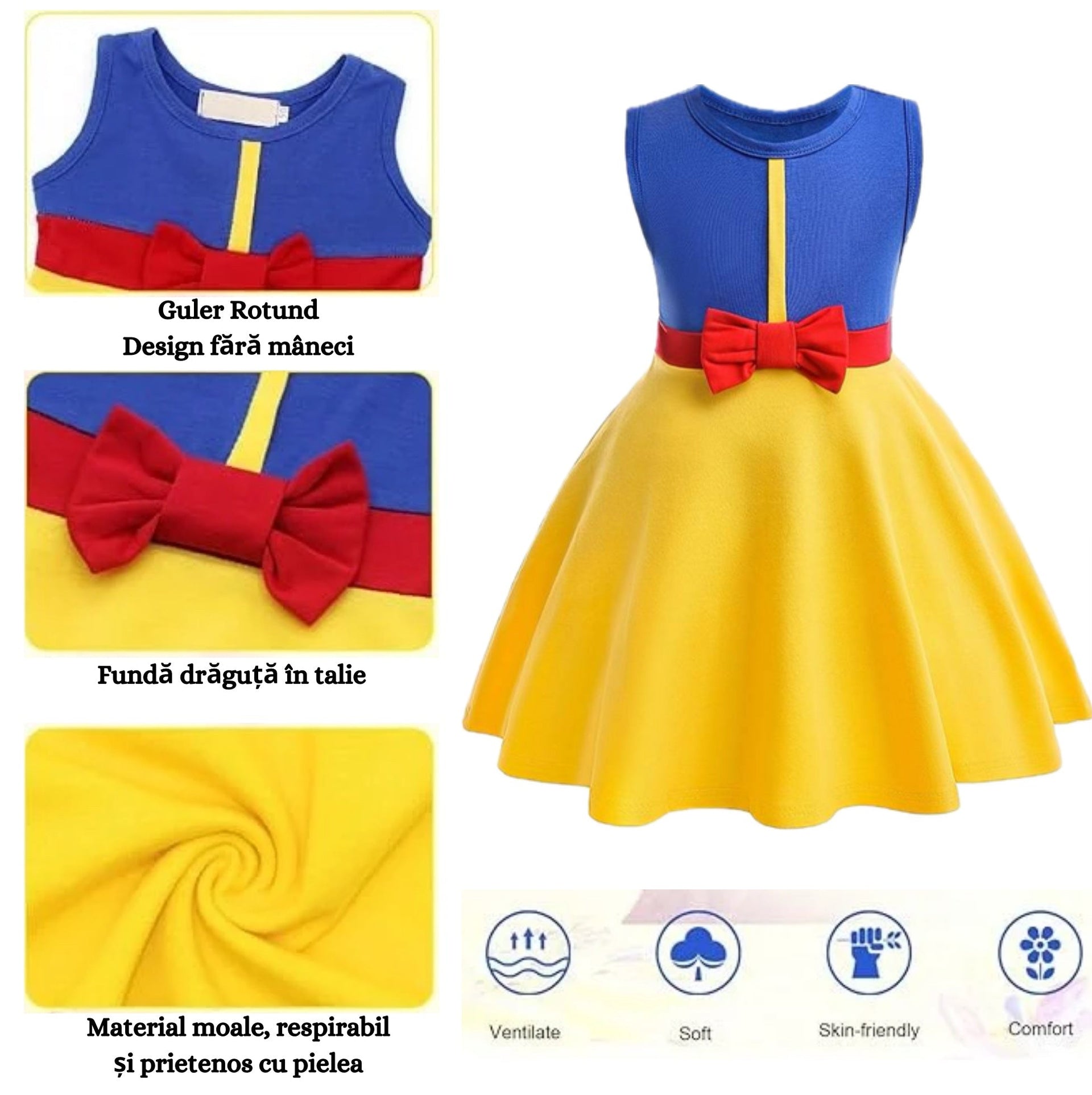 Rochie fete Printesa Alba ca Zapada, Cu Bentita, Coronita si Bagheta, EvrikaUnity®, Bumbac, 3 - 4 ani, 110cm, Galben/Albastru - costumecarnaval - serbare.ro