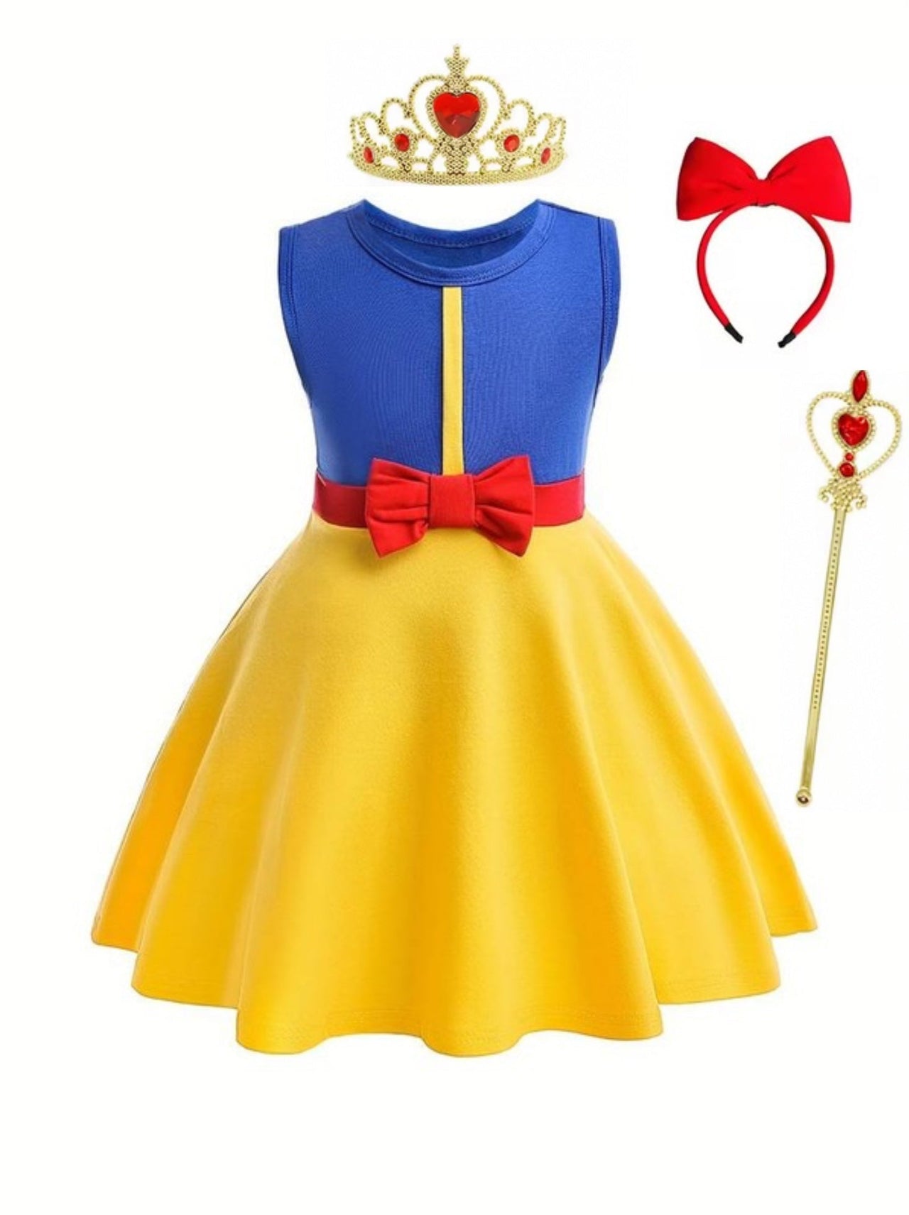 Rochie fete Printesa Alba ca Zapada, Cu Bentita, Coronita si Bagheta, EvrikaUnity®, Bumbac, 5 - 6 ani, 130cm, Galben/Albastru - costumecarnaval - serbare.ro